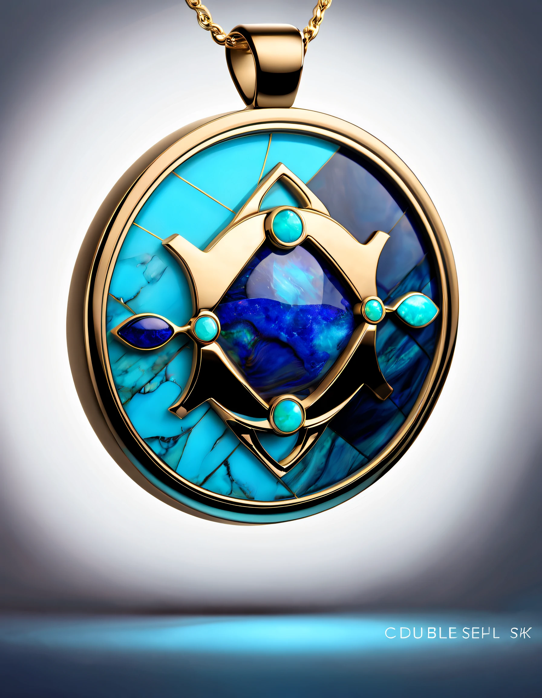 pendant design,Logo design,European and American minimalist style,sense of science and technology, (Pisces pendant design), (double opal:1.0), Black gold border, lapis lazuli,turquesa,black shell,Pisces symbol,(Golden Pisces,Van Cleef & Arpels & alpes , cartier, Background with: The white,The content is very detailed, Best quality, tmasterpiece, A high resolution, hyper realisitc, 8K,gentlesoftlighting,