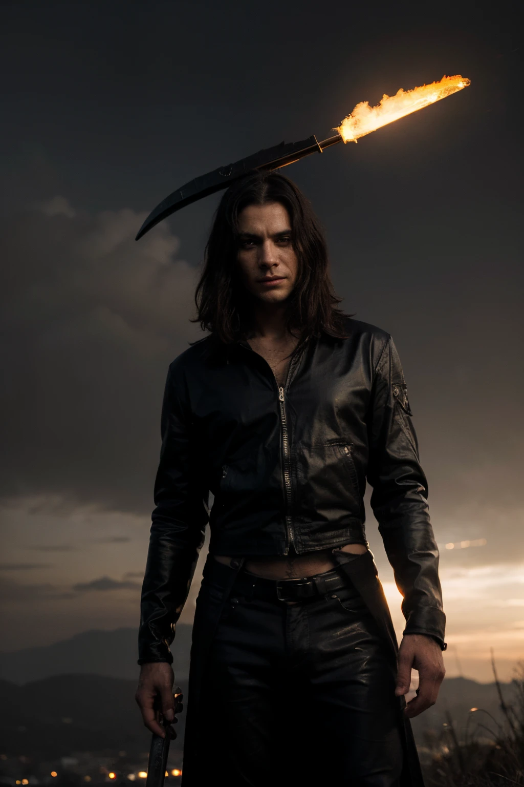 On a dark night, you meet a handsome man who is half human and half demon. He was wearing a black demon outfit that had red lights flying out of it. Dark smoke is a cloud floating in the wind. He held a black angel's scythe in his hand that gave him a look of fear and awe. Will you come closer to the darkness or will you stay away from it?