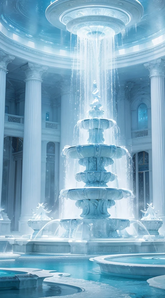 Light blue-white tones，Gorgeous interior space，Blend in with the beautiful white building，All white interior fantasy scene，((Super spectacular fountain))，(Super rich fountain)，Fountains at different levels，Transformation crystal，Ice crystals，Super quality，tmasterpiece，Super refined，A lot of detail，Splashing water droplets，feeling of mist，water vapor eruption