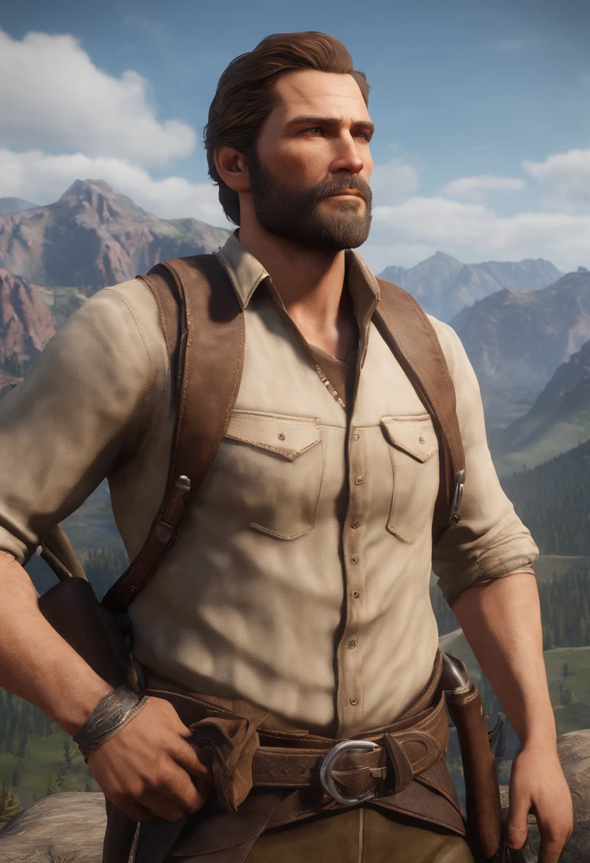 The image is of a group of hikers summiting a challenging mountain peak, with a breathtaking view of the world below.,Red Dead Redemption 2,Arthur is a tall 36 year old human male with a stocky build. He is 6'3, weighing roughly 230lbs. He had light skin, green eyes, thick brown hair that is kept in a swept back style, and no visible scars aside from a small one on his chin.