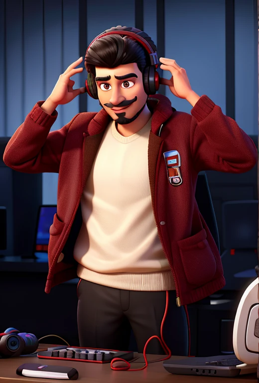 Punjabi turban man with beard and moustache in a red jacket and black tie with headphones, with head phones, khyzyl saleem, twitch streamer / gamer ludwig, with headphones, enes dirig, dr zeus, profile picture 1024px, wearing gaming headset, wearing headphones, wearing a gaming headset, wearing modern headphone, dj sura, photo from a promo shoot
