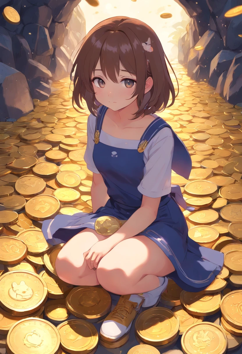 Anime girl wearing cute little skirt holding cat，having fun，is shy，sitting on a pile of gold coins，In a cave filled with gold coins，loli in dress, small curvaceous loli, Guweiz style artwork, guweiz on pixiv artstation, guweiz on artstation pixiv, guweiz, small li girl, Soft anime illustration, Anime visuals of cute girls, detailed digital anime art