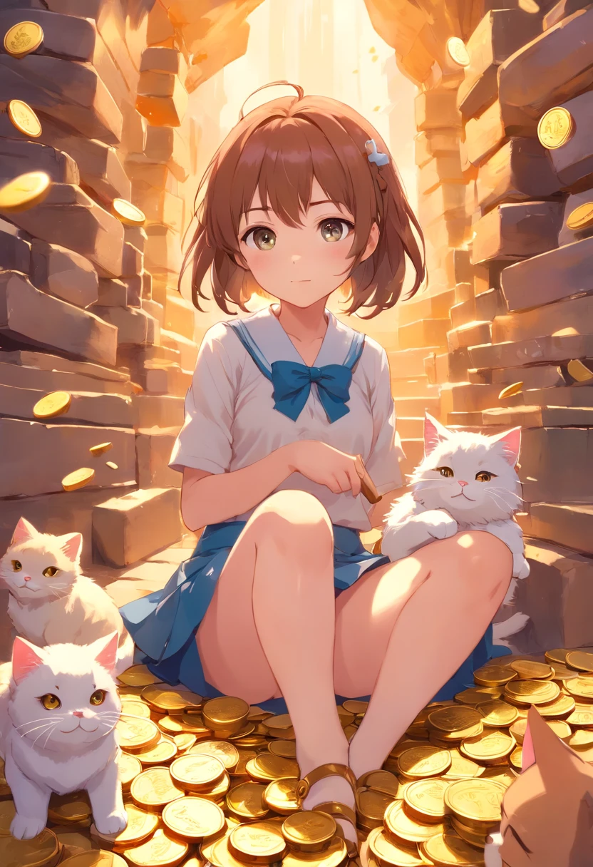 Anime girl wearing cute little skirt holding cat,having fun,is shy,sitting on a pile of gold coins,In a cave filled with gold coins,loli in dress, small curvaceous loli, Guweiz style artwork, guweiz on pixiv artstation, guweiz on artstation pixiv, guweiz, small li girl, Soft anime illustration, Anime visuals of cute girls, detailed digital anime art