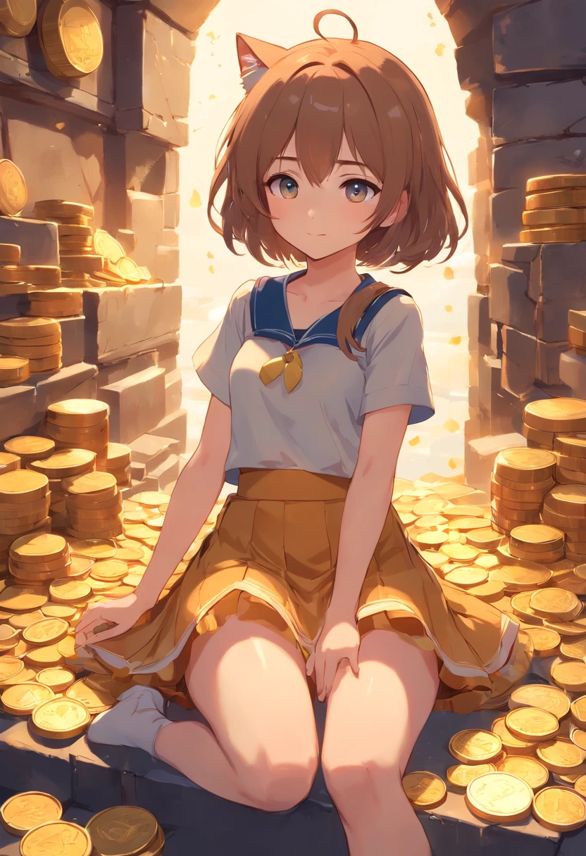 Anime girl wearing cute little skirt holding cat,having fun,is shy,sitting on a pile of gold coins,In a cave filled with gold coins,loli in dress, small curvaceous loli, Guweiz style artwork, guweiz on pixiv artstation, guweiz on artstation pixiv, guweiz, small li girl, Soft anime illustration, Anime visuals of cute girls, detailed digital anime art