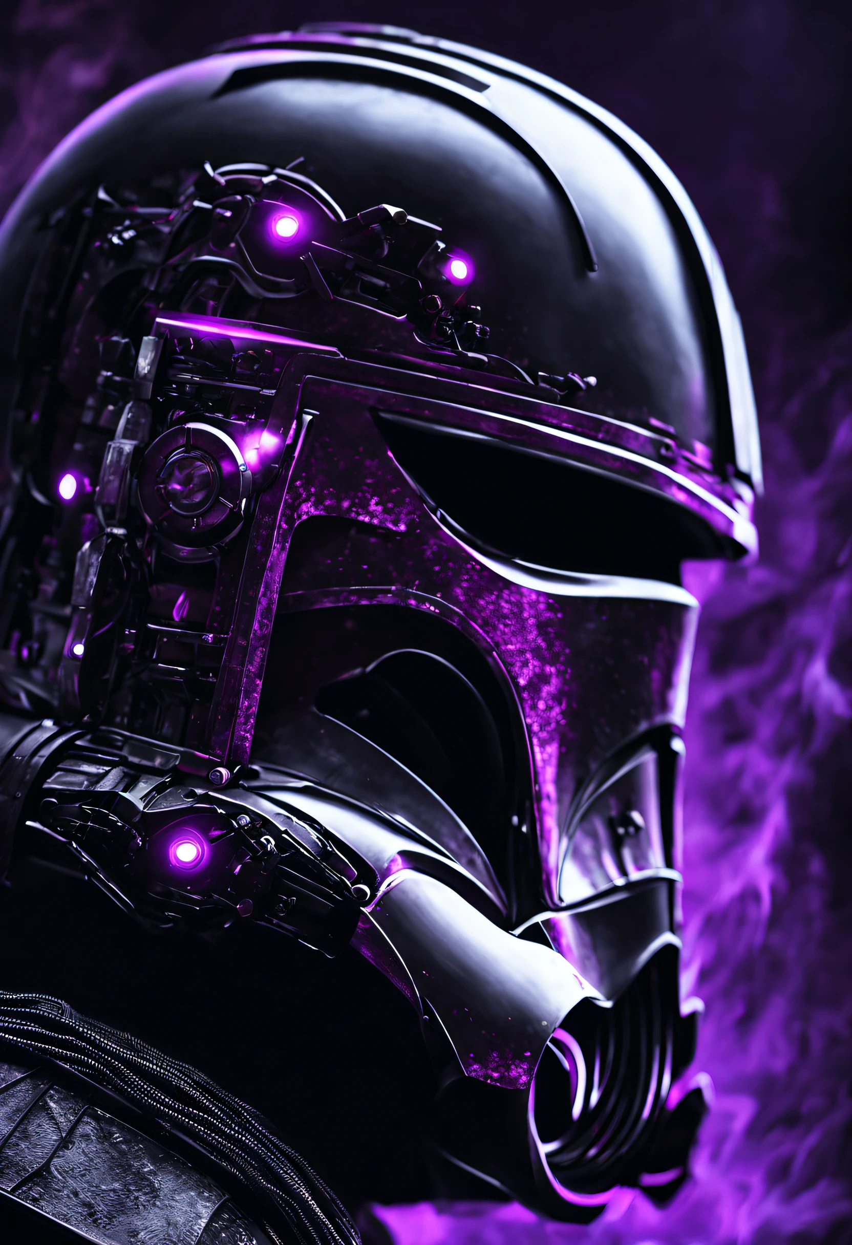 (best quality,4k,8k,highres,masterpiece:1.2),ultra-detailed,(realistic,photorealistic,photo-realistic:1.37),star wars character,robotic mask:strategic,black & white,purple components,smoke background,evil presence,intense gaze,mysterious aura,ominous atmosphere,sharp details,dystopian setting,galaxy far away,rebel alliance insignia,dark side influence,high-tech gadgetry,eroded metallic texture,dramatic shadows,eerie glow,imposing stature,Warrior's demeanor,intricate circuitry,menacing presence,dynamic stance,commanding presence,mystical powers,foreboding background,foreboding lighting,ominous energy,moody atmosphere,extraordinary strength,unleashing the force,powerful guardian,cybernetic enhancements,galactic fights,destiny unfolding,ominous destiny,echoes of the past,action-packed scene