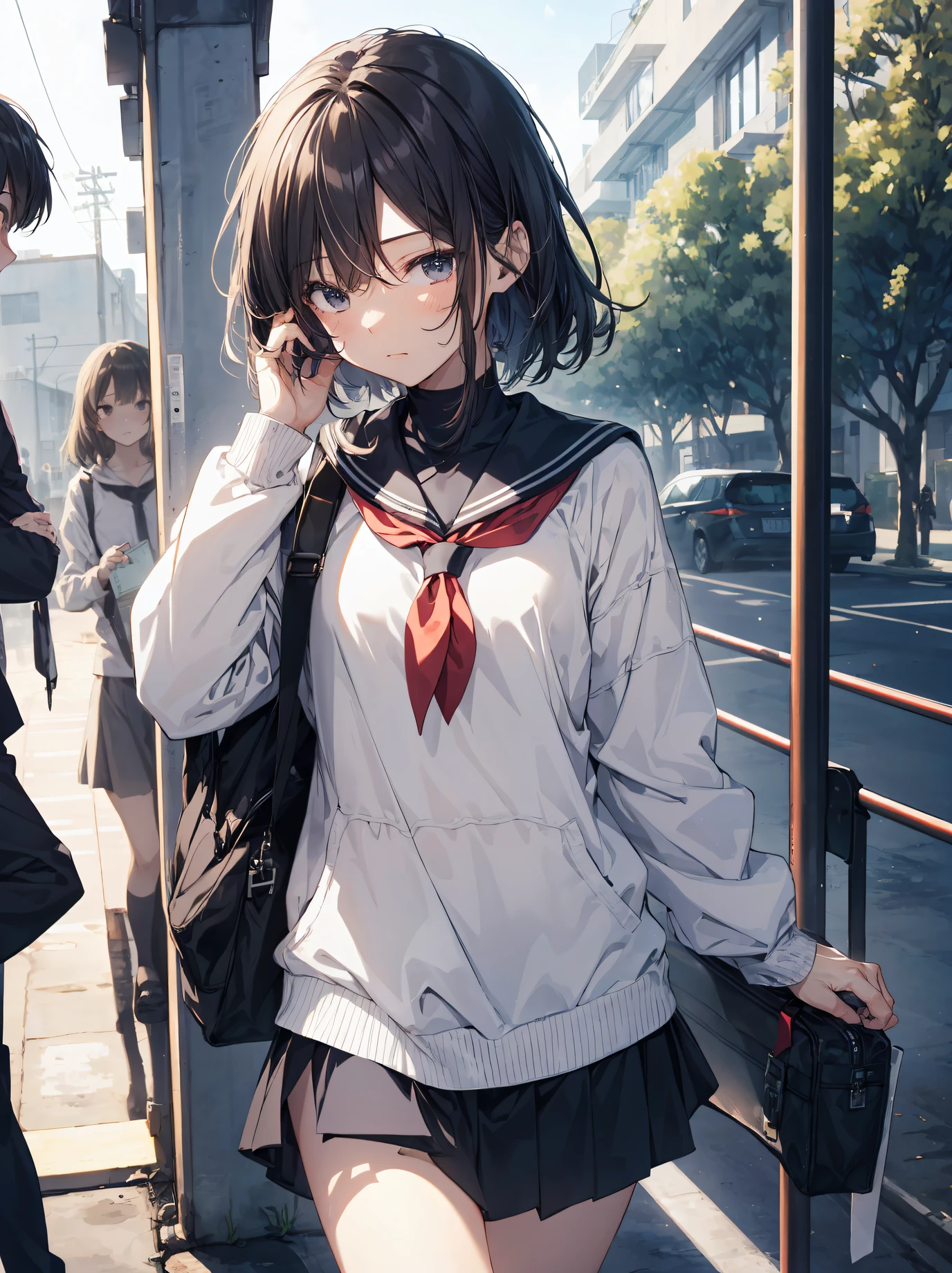 God quality, anime moe artstyle,best anime 8k konachan wallpaper,badass anime 8k,perfect anatomy, (Please draw a girl walking sleepily to school. ),break, 1girl, (Solo,Loli,,13-ye-ol3),a ior high sctudent, androgynous Very Short hair,parted bangs,(hair over one eye), Full limbs, complete fingers,flat chest, Small butt, groin, Small eyes,finely detailed beautiful black eyes,disgusted eyes, school Uniform, in the School commute route. break,ultra-detailed,high resolution,super detailed skin, professional lighting,8k eye details, (cool illustration:1.2),