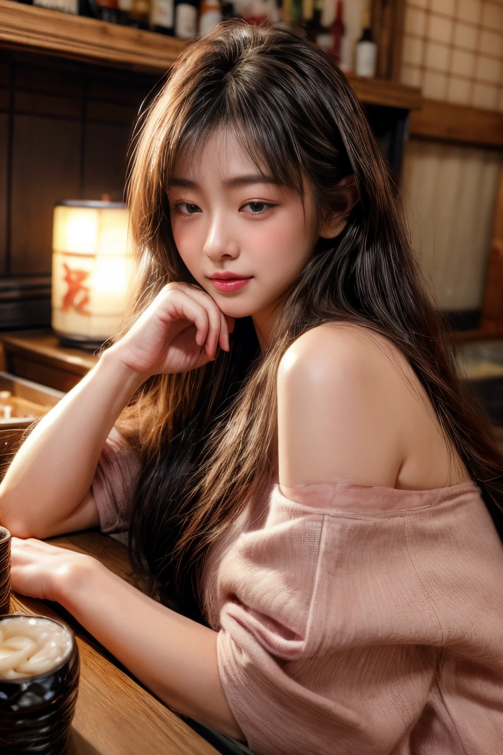 masterpiece、8K、32K、top-quality、(A detailed eye)、(A cute Japanese woman、bangss)、23years old、1 girl in、elegent、(Detailed background depiction、portlate:1.2)、(blushed face、sleepy、ssmile:1.5)、Be undress、(Izakaya、Inside a store with many people:1.3)、sitting on、(Yakitori and alcohol on the table:1.4)、cowboy shot、(blushed face:1.2)