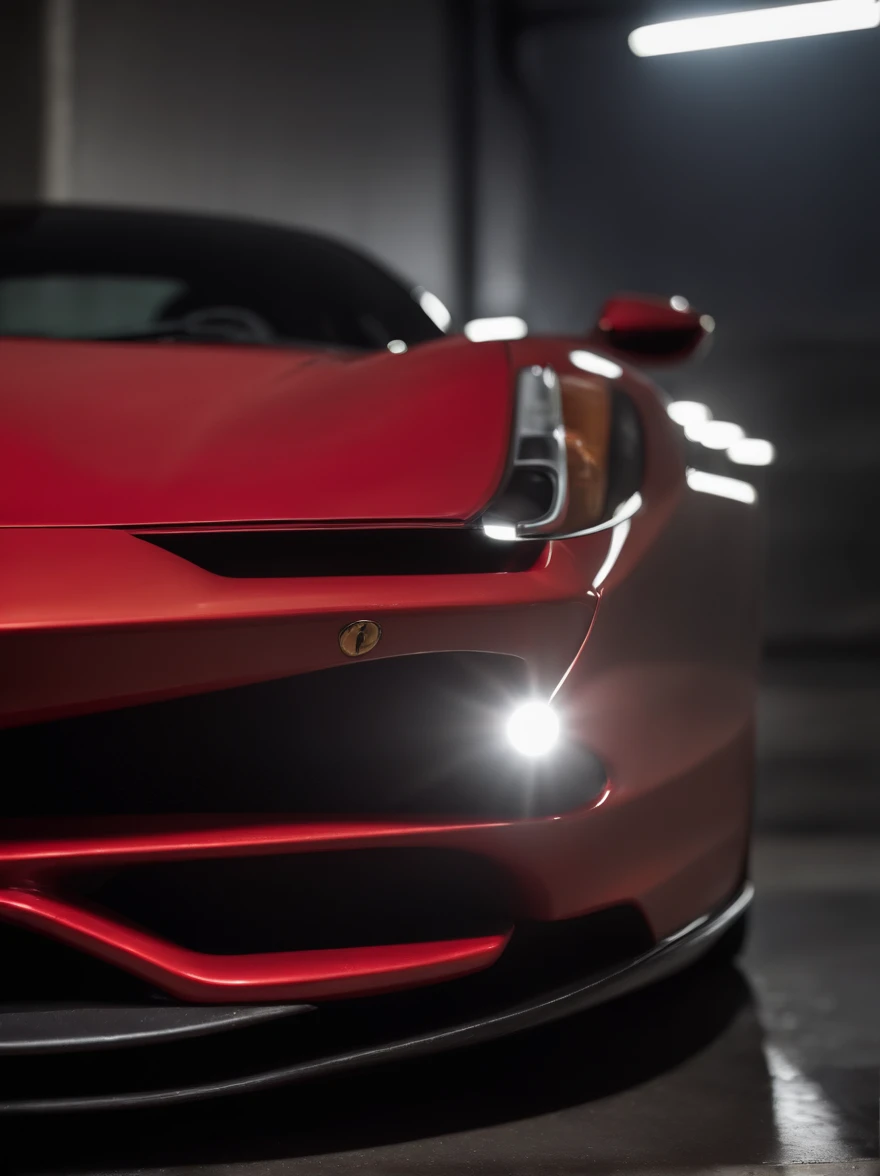 Detailed raw HD photo medium-distance photo of a (ferrari) with a big spoiler, showroom, parked in a parcade (darkly lit, dimly lit, discreet) grunge , menacing urban environment, metal tubes, concreating, decay, micro-details, hyperdetailed, raytracing, realism, crystal clear, photorealism, photorealistic,
(nocturnal, pitch, moody and dark:1.3) (bright headlights: 1.2)