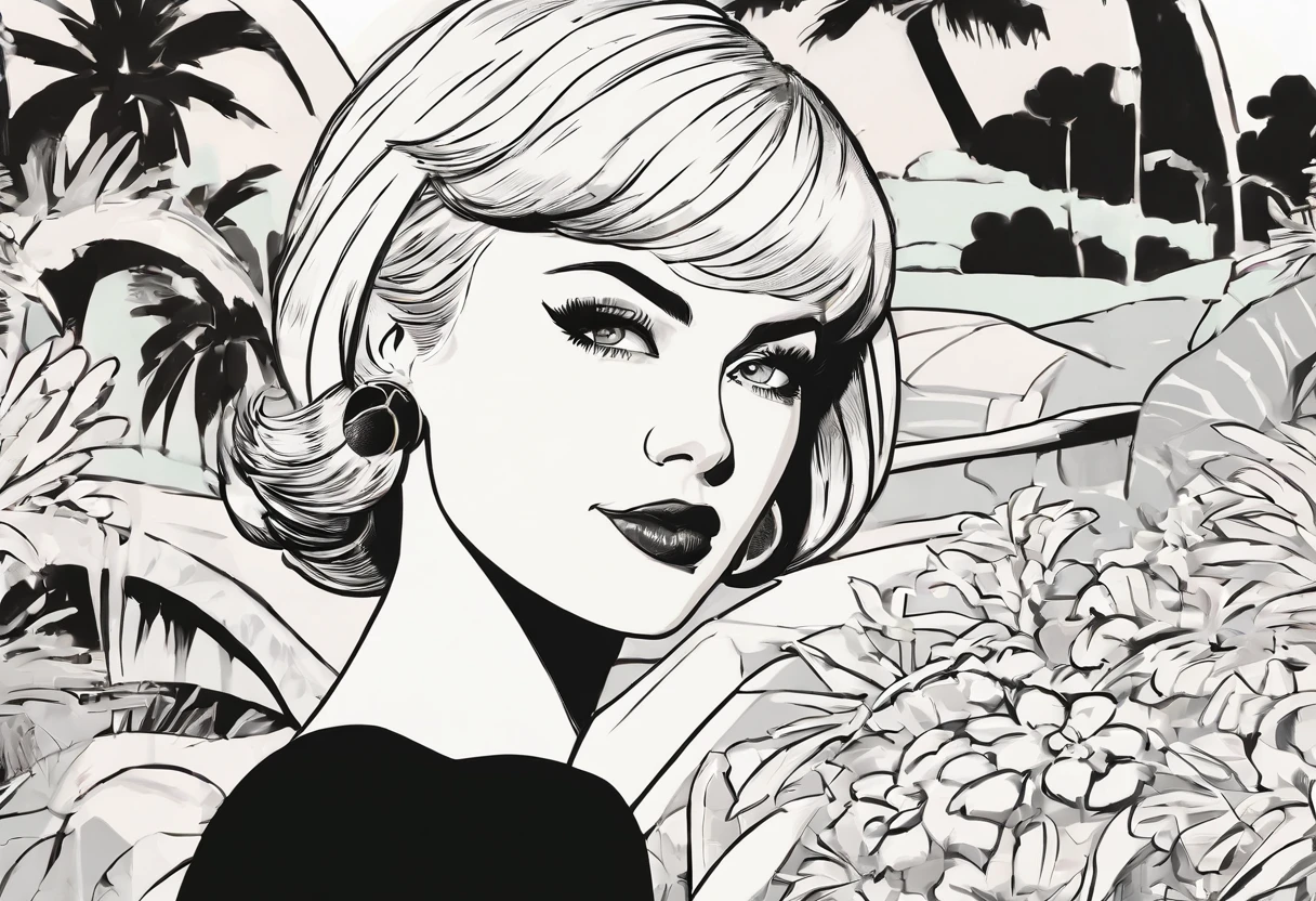A sexy and elegant woman, on a terrace with a beautiful view, tmari, sketch, traditional media, pen drawing, white background (art inspired by Bill Sienkiewicz). oil painting)