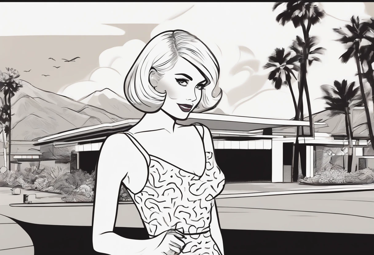 Young blonde woman with short hair, palm springs, 比基尼, California, mid century, bold black and white style, zeiss flat t * 80mm f/2.8, Stylish, fujifilm neo edition, s whole body, bold pattern, celebrity photos