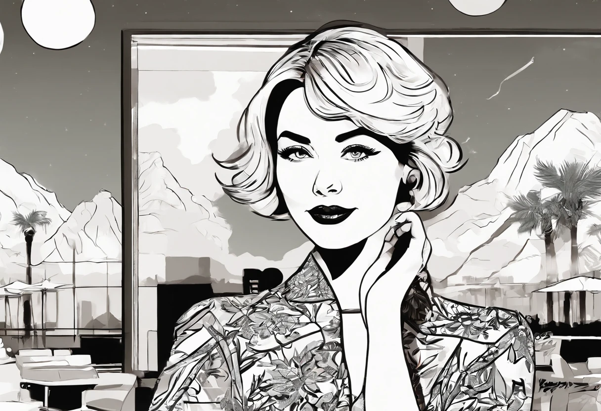 Young blonde woman with short hair, palm springs, 比基尼, California, mid century, bold black and white style, zeiss flat t * 80mm f/2.8, Stylish, fujifilm neo edition, s whole body, bold pattern, celebrity photos