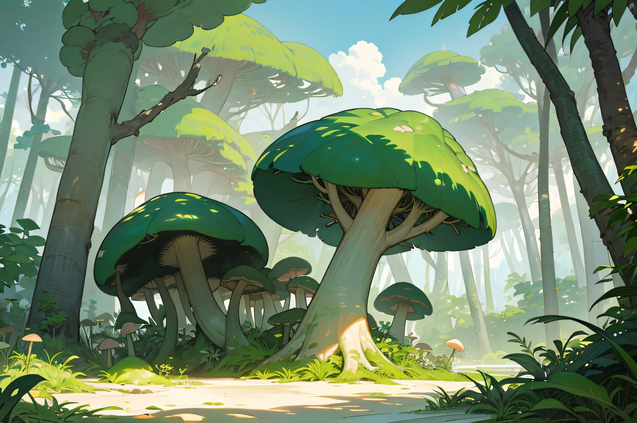 (anime style background, anime background illustration:1.2), landscape, summer scenery, (beach sand:1.2), sky, clouds, (jungle, forest:1.2), (empty ground:1.2), trunk, mangrove, green monstera, a stone, (mushrooms), plant, (trees), flower, grass, bush, broadleaf plant, (detailed, masterpiece, aesthetic, high quality,)