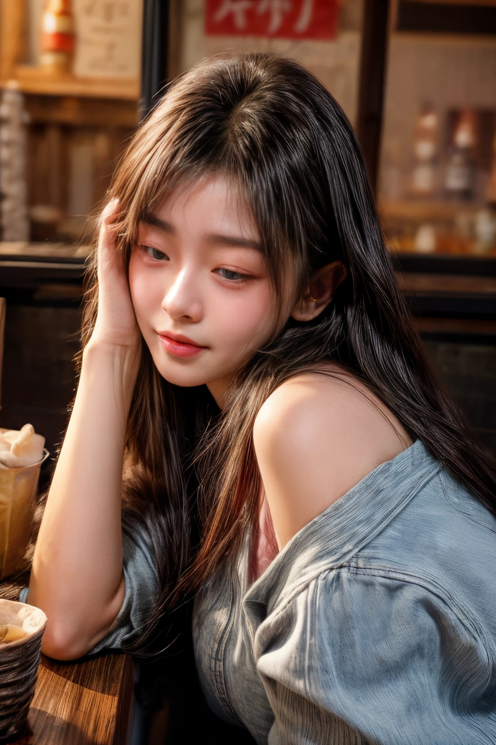 masterpiece、8K、32K、top-quality、(A detailed eye)、(A cute Japanese woman、bangss)、23years old、1 girl in、elegent、(Detailed background depiction、portlate:1.2)、(blushed face、sleepy、ssmile:1.5)、Be undress、(Izakaya、Inside a store with many people:1.3)、sitting on、(Yakitori and alcohol on the table:1.4)、cowboy shot、(blushed face:1.2)、(zoomout:1.6)