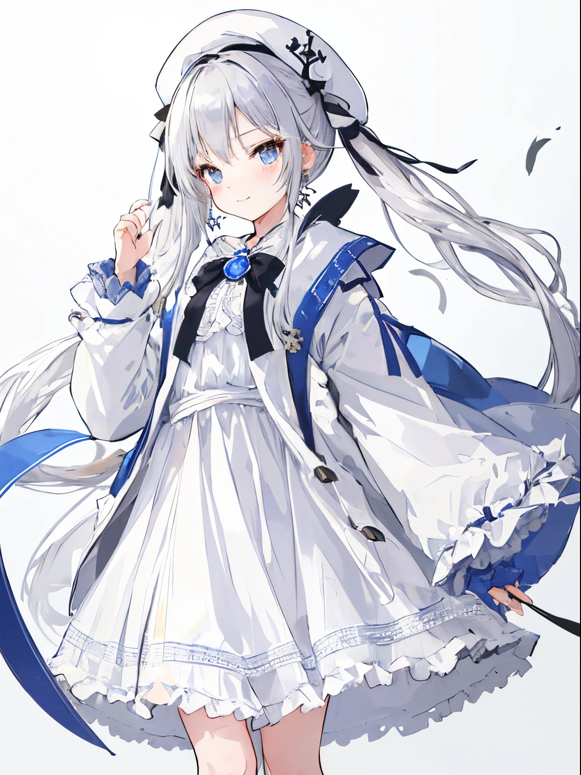 (​masterpiece、top-quality、illustratio、Extremely high quality、high-level image quality、Extremely sensitive writing)Girl with long silver hair standing in a port at midnight、A slight smile、She has a white beret, white dress with open robe, Hair fluttering in the wind, she is a teenager and has twintails, her collor pallete is silver and white, grey eyes, ****. she has a slim leg and cute and has earings