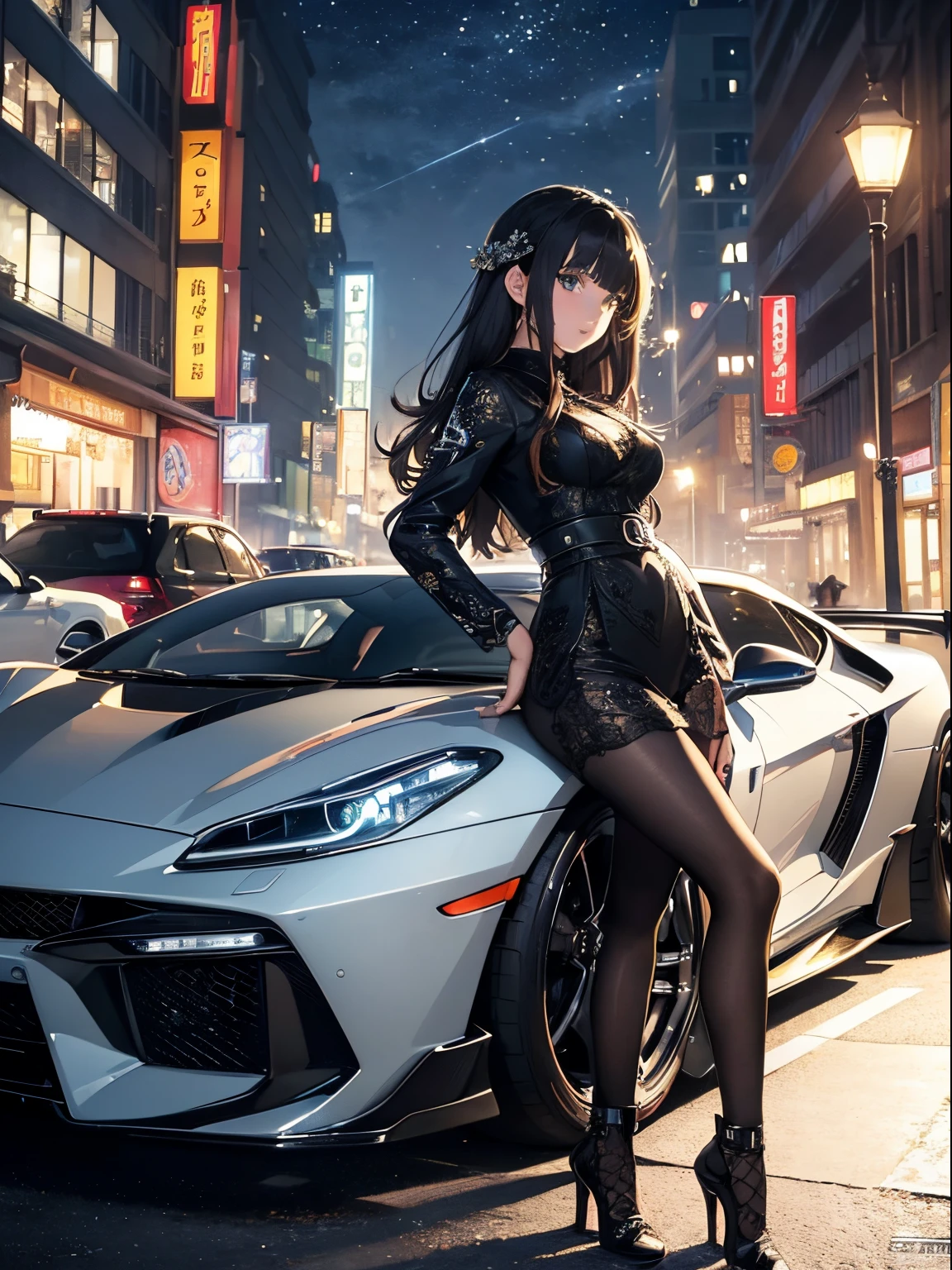 16k, high dynamic range, Ray tracing, RTX, Surreal, high resolution, wide angle shot, best quality, masterpiece, Full body image, (perfect anatomy ), long black hair, happy laughter, blue eyes, Sexy figure,Exquisite facial features, looking at camera, at night, anime style, Popular topics on Artstation, Wallop, sakimicchan, Winning, great composition, perfect, great lighting, Sitting on the NISSAN GT-R hood, 1car, Car girl, Racing girl