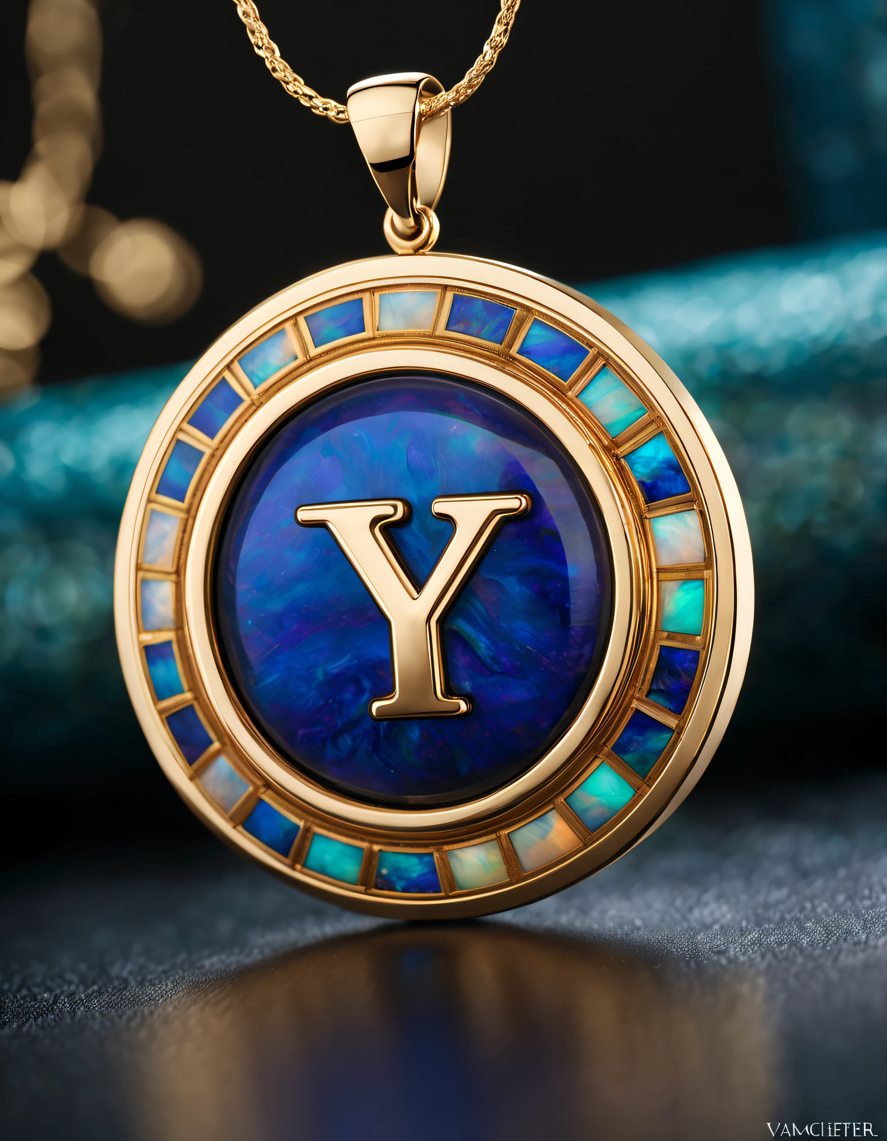 pendant design,Logo design,European and American minimalist style, (pendant design for letter y), (double opal:1.0), Black gold border, lapis lazuli,turquesa,black shell,Van Cleef & Arpels ,cartier,
Background with: The white,The content is very detailed, Best quality at best, tmasterpiece, A high resolution, hyper realisitc, 8K,gentlesoftlighting,