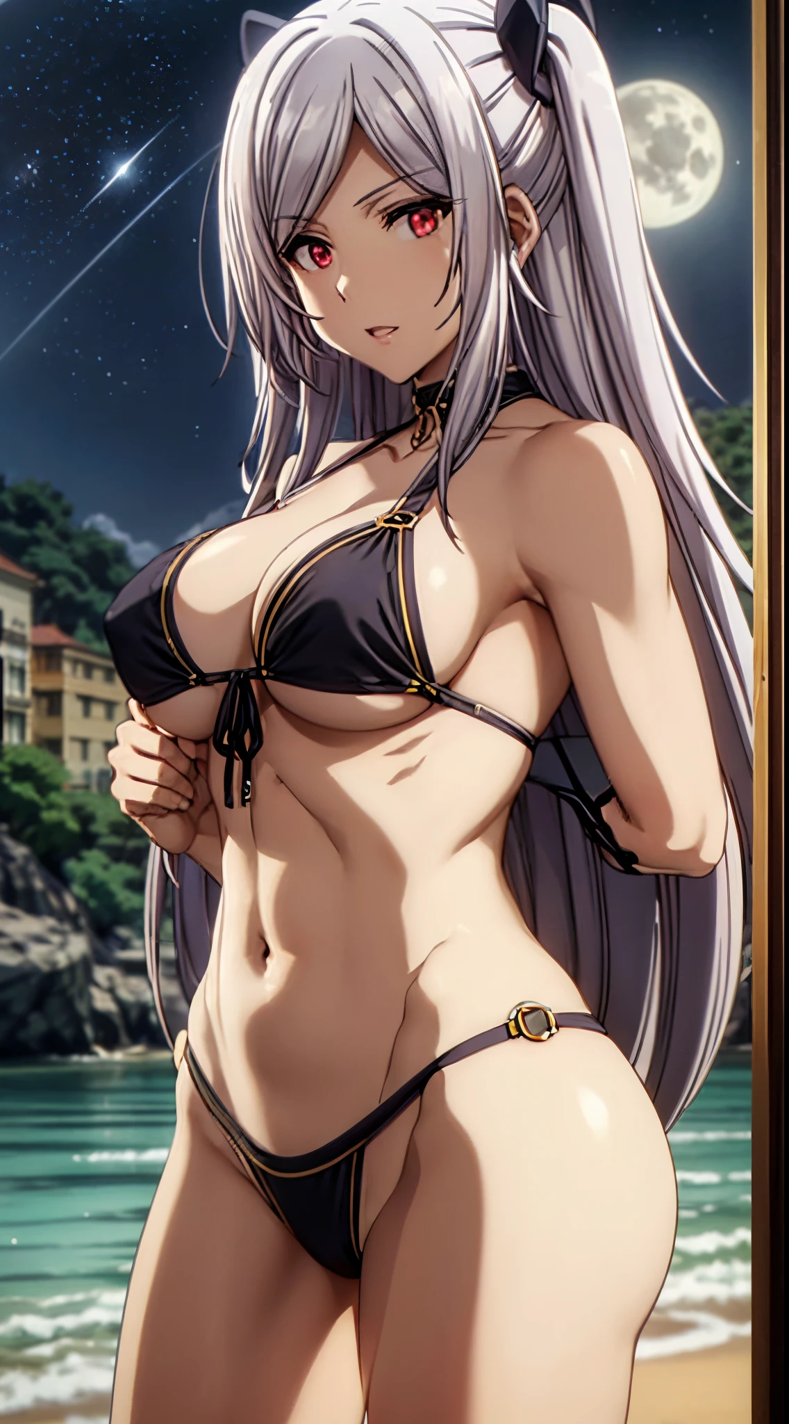 1 garota, (((Alexia Midgar))), Cabelos prateados, Olhos vermelhos, peitos grandes, anatomia perfeita, ((very short black bikini), usando fio dental, pernas musculosas, barriga musculosa, cintura fina, quadris Largo, (olhando para mim), on the beach at night with starry sky and full moon in the sky, foco nas pernas, barefoot, standing on her feet, (foto de corpo inteiro), eye reflection, olhos brilhantes, Emburrado, anime, estilo anime, ray tracing, Cinematic lighting, panorama, Sony FE, Hard disk, master part, ccurate, anatomicamente correto, Super Detalhe, alta qualidade, disco Rigido, Altas, 16k