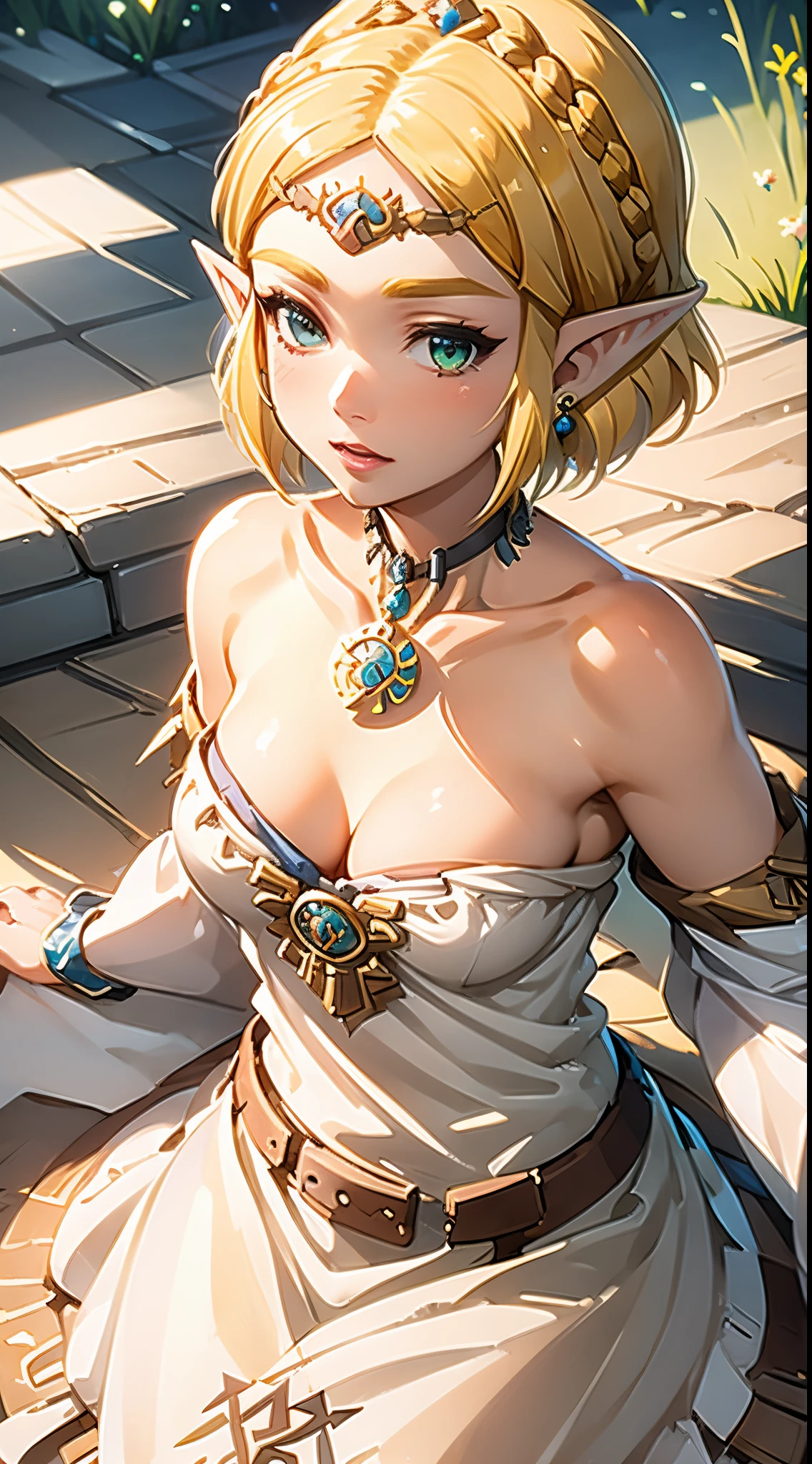 ultra - detailed,tmasterpiece,Best quality at best,Large breasts，cleavage，The is very detailed,aquarelle,Focus sharp,sportrait,illustratio,The Legend of Zelda TOTK,Princess Zelda,Greedy eyes,jewely,pointy ears,Blonde hair,crown braid,short detailed hair