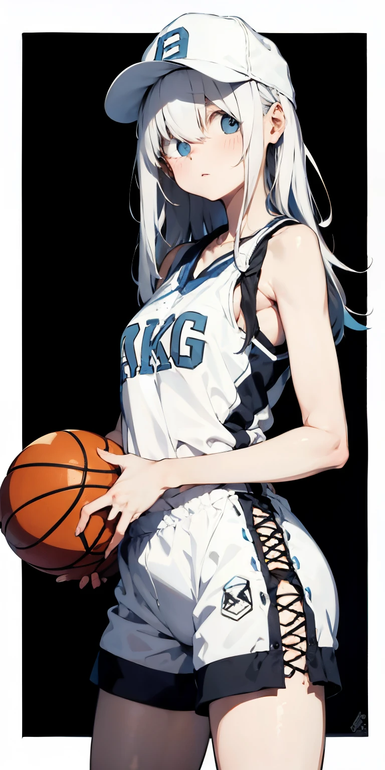 Random basketball player white skin girl, cool shooting on hoop shot, happy, cute shy girl, white long hair, sexy, slim, poser, tomboy, cool basketball court background, black binnie , cap