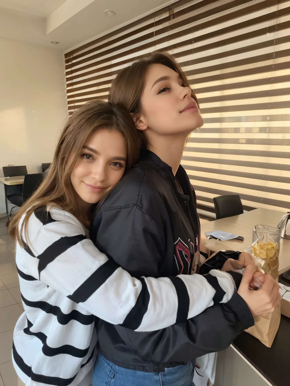duas amigas, I have medium dark blonde hair, olhos castanhos, estou a sorrir, she is taller than me, tem o mesmo tom de cabelo