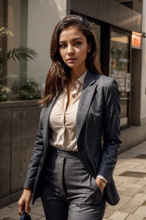 foto de corpo inteiro de uma mulher estilo brasileiro com cabelos lisos e amarrados, olhos claros. Roupas: Blazer, dress pants and buttoned blouse.
