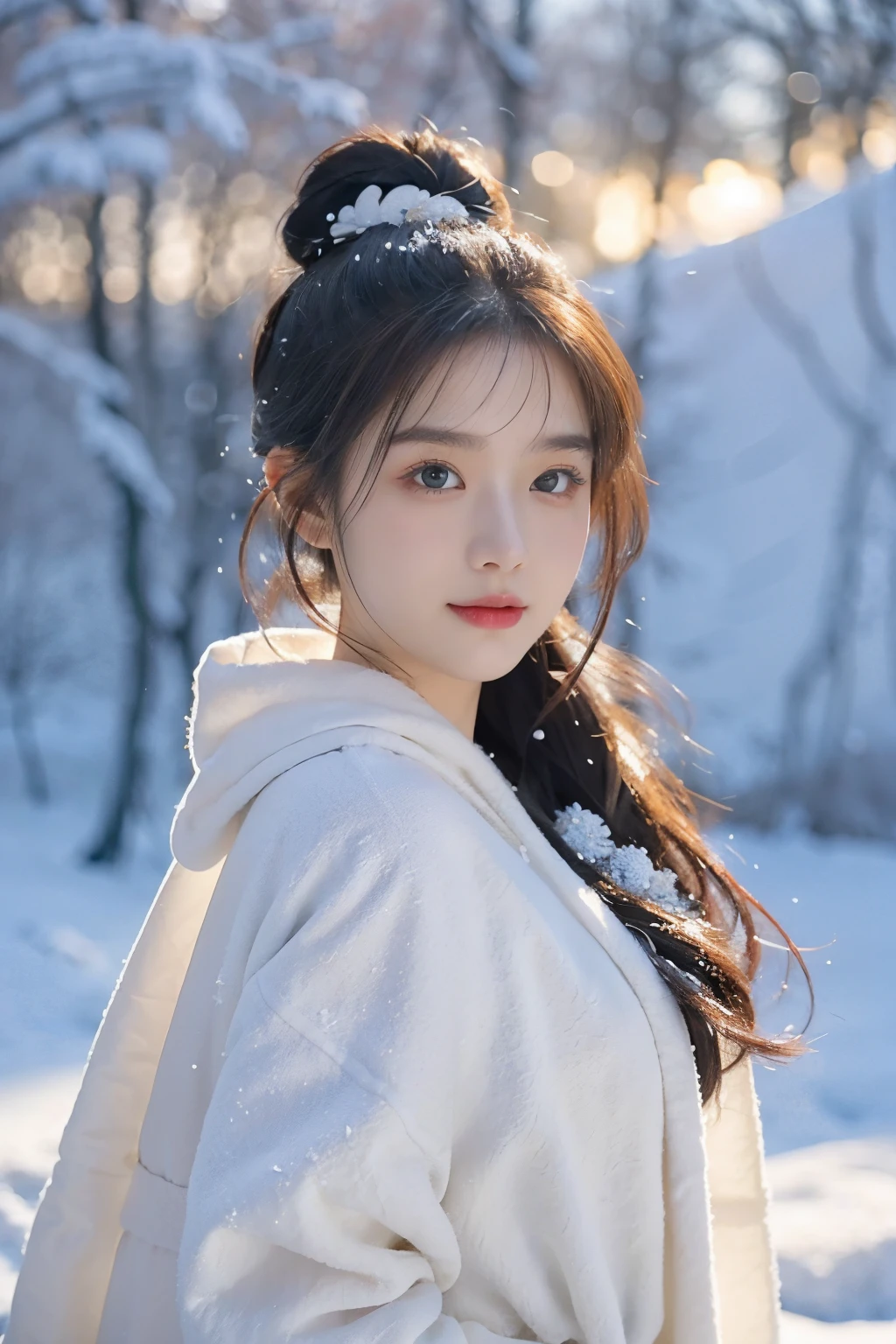 photo-realism、top-quality、超高分辨率、photore、(Very detailed faces),(intricately details)Photos of the most beautiful Nordic girls in the world、The princess on the snow mountain wears a gorgeous white robe,The robe is studded with sparkling silver gems,Like stars in the ice and snow。Her hair is tied into a delicate bun,hori'Dotted with tiny ice crystals and silver silk flowers.,slightly shiny。her face is beautiful,The skin is as white as snow,Eyes as clear and bright as lake water,Revealing a touch of tranquility and depth。There was a faint smile on her lips,Like the spring breeze blowing through the snowy mountains,Gentle and touching。Her environment is quiet and peaceful,Surrounded by snow-capped peaks,Under the sunlight,Clear streams flow through the valley,A gentle breeze blew by,Blow up her clothes and hair,Picturesque,tas'It's like a wonderland。