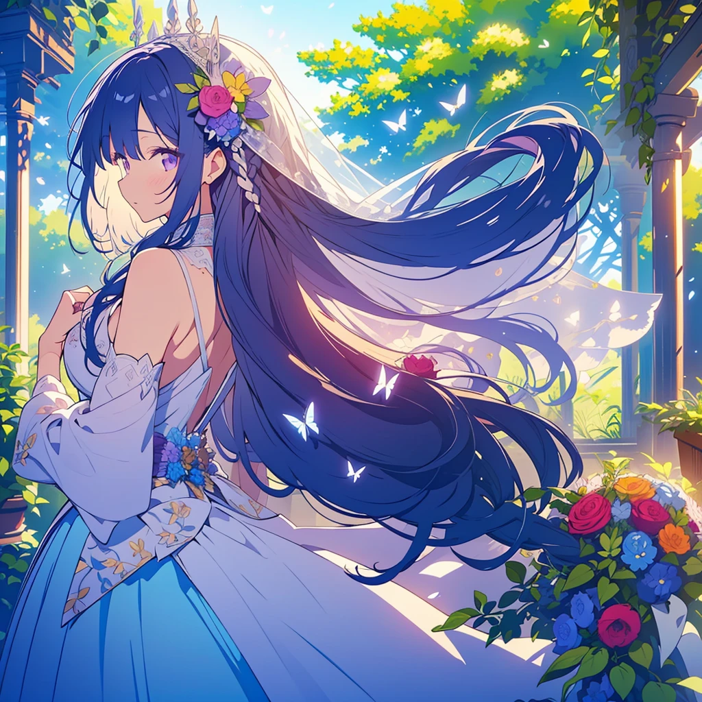TMND-Mix_II, bride, flower veil, textured veil, dreamy, long hair, dark blue hair, purple eyes, half braid hair, detailed wedding dress, detailed scenery, flowers and tress, wind, butterflies🦋, happy atmosphere