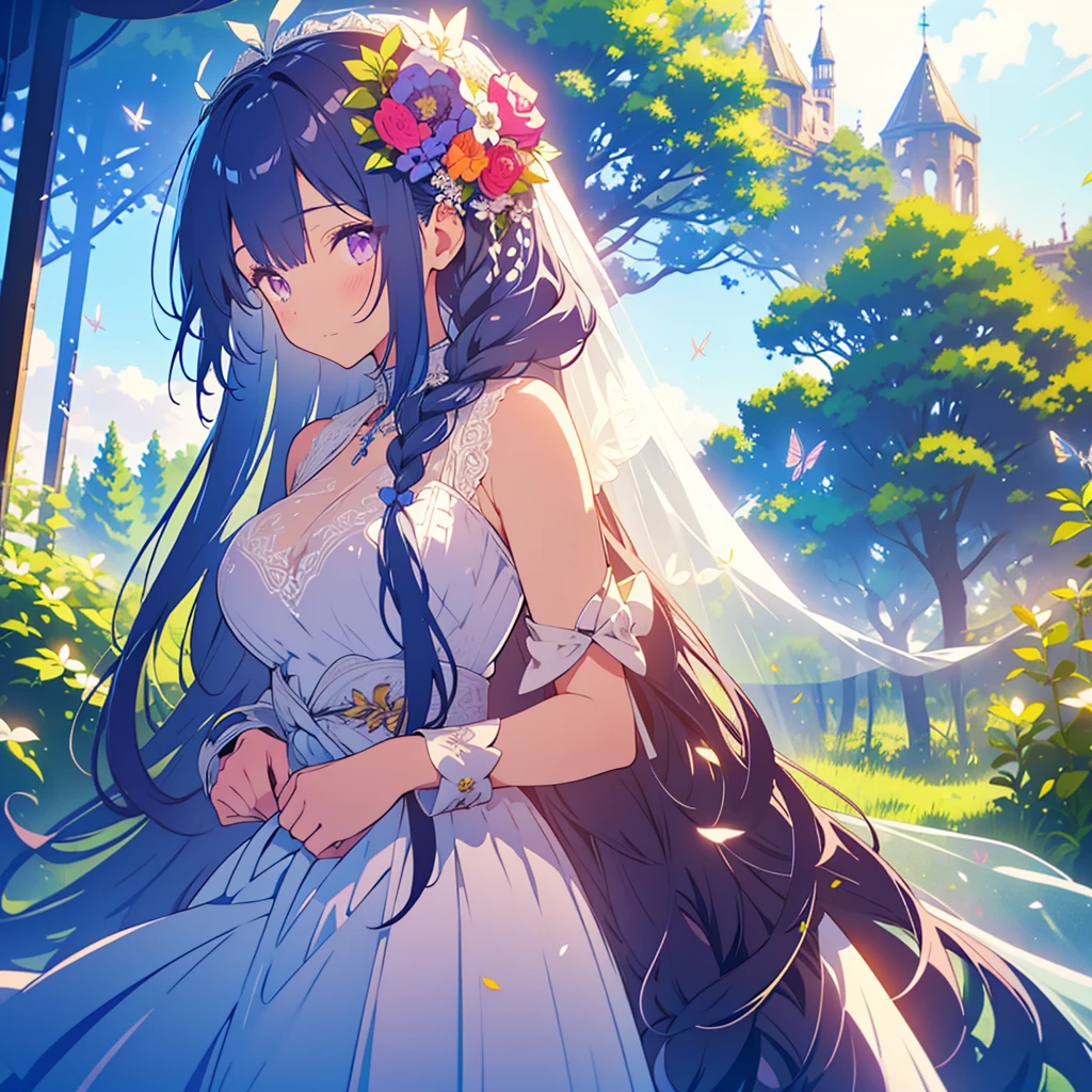 TMND-Mix_II, bride, flower veil, textured veil, dreamy, long hair, dark blue hair, purple eyes, half braid hair, detailed wedding dress, detailed scenery, flowers and tress, wind, butterflies🦋, happy atmosphere