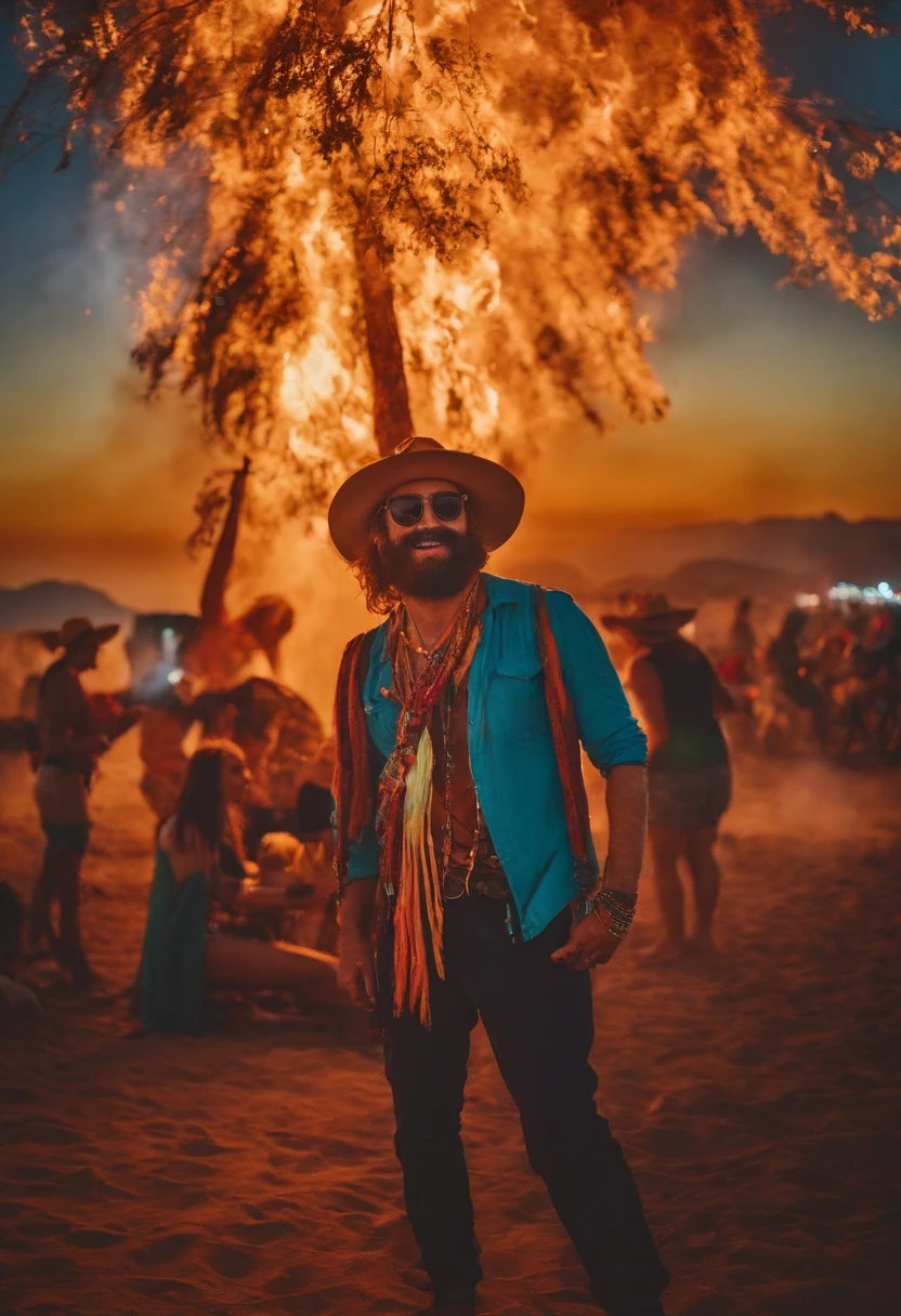 A close-up shot of Tyler passionately sharing his favorite Burning Man memories with a group of friends around a bonfire.,original,Tyler, a die-hard Burning Man enthusiast, is easily recognizable with his eclectic attire, often adorned with neon colors, bandanas, and an assortment of festival wristbands that serve as badges of honor. His hair is typically unkempt, colored in wild hues, complementing his ever-present sunglasses that hint at a life perpetually ready for the Playa.
