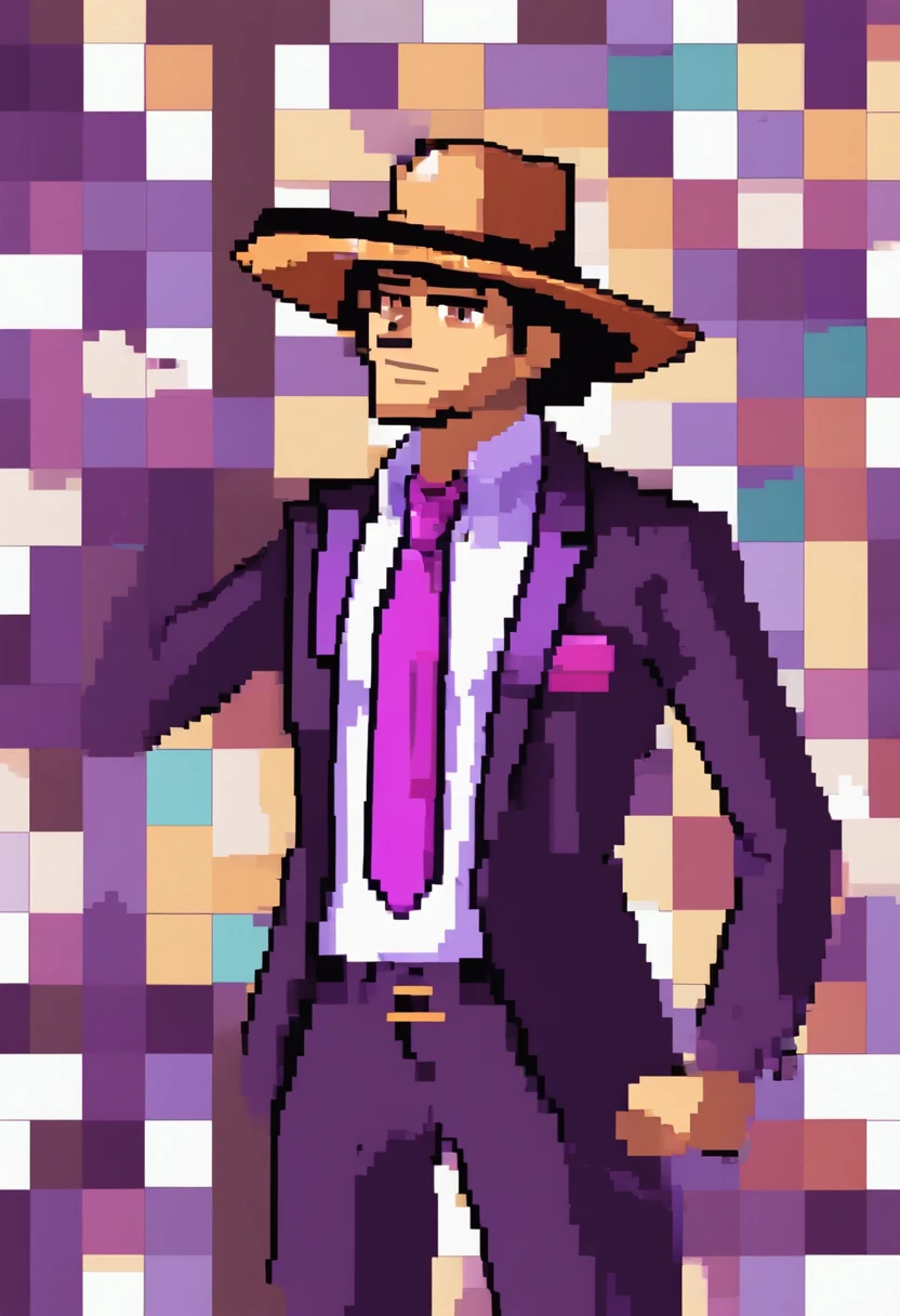 Chico, brown-hair, con sombrero morado, cuernos morados, ojos morados, piel blanca, chaqueta morada, camisa y corbata
