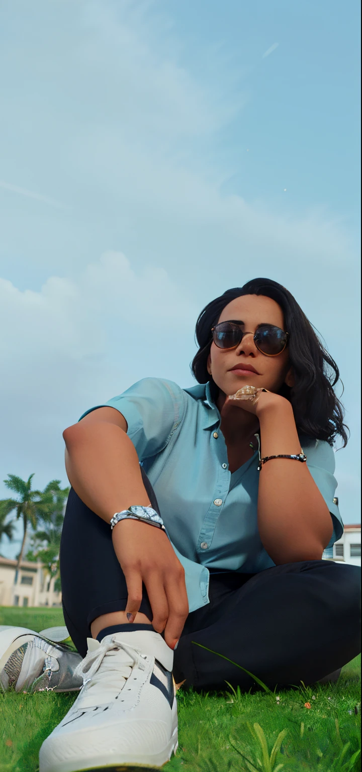 there is a woman sitting on the grass with her hand on her chin, with a cool pose, with sunglass, mid shot portrait, by Andrée Ruellan, taken with canon 8 0 d, photo taken in 2 0 2 0, casual pose, during sunset, potrait, in the sun, taken with sony alpha 9