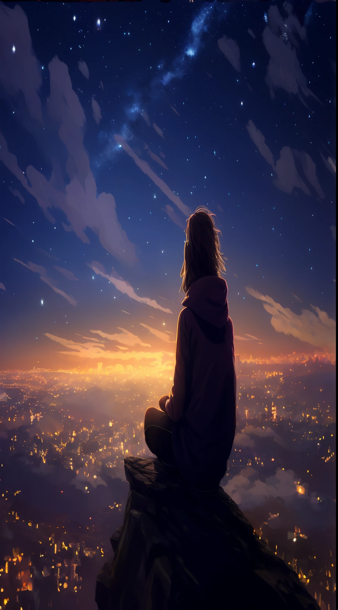 There was a woman sitting on a rock looking at the sky., Noche tranquila. Digital illustration, Makoto Shinkai Cyril Rolando, sitting on the cosmic cloudscape, inspirado por Cyril Rolando, Mirando las estrellas, Cosmos Cielo. por Makoto Shinkai, Mirando las estrellas, Mirando sobre la ciudad, Chica sentada en una azotea, Dreaming of a faraway place
