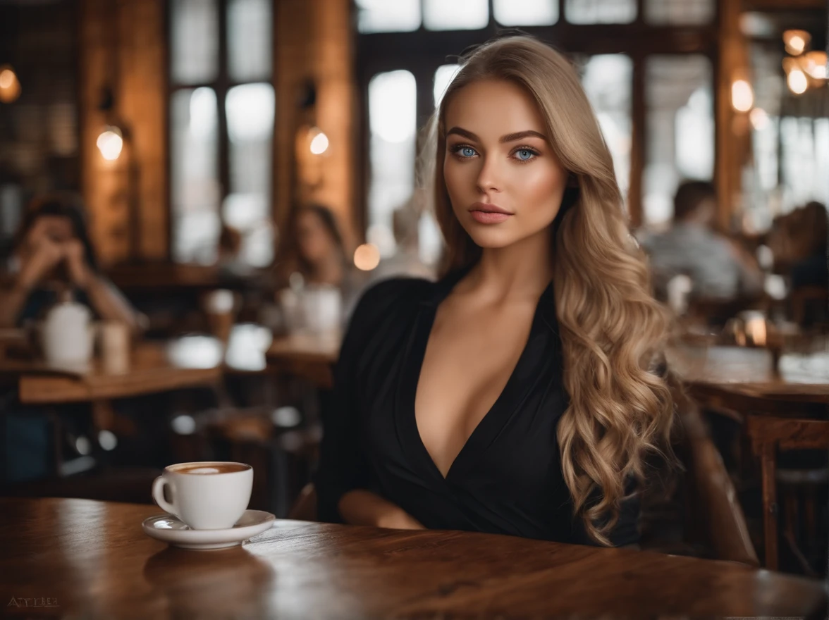 arafed woman fully , sexy girl with blue eyes, ultra realistic, meticulously detailed, portrait sophie mudd, blonde hair and large eyes, selfie of a young woman, violet myers, without makeup, natural makeup, looking directly at the camera, face with artgram, subtle makeup, stunning full body,sitting in a cafe and drinking coffee, low-cut dress