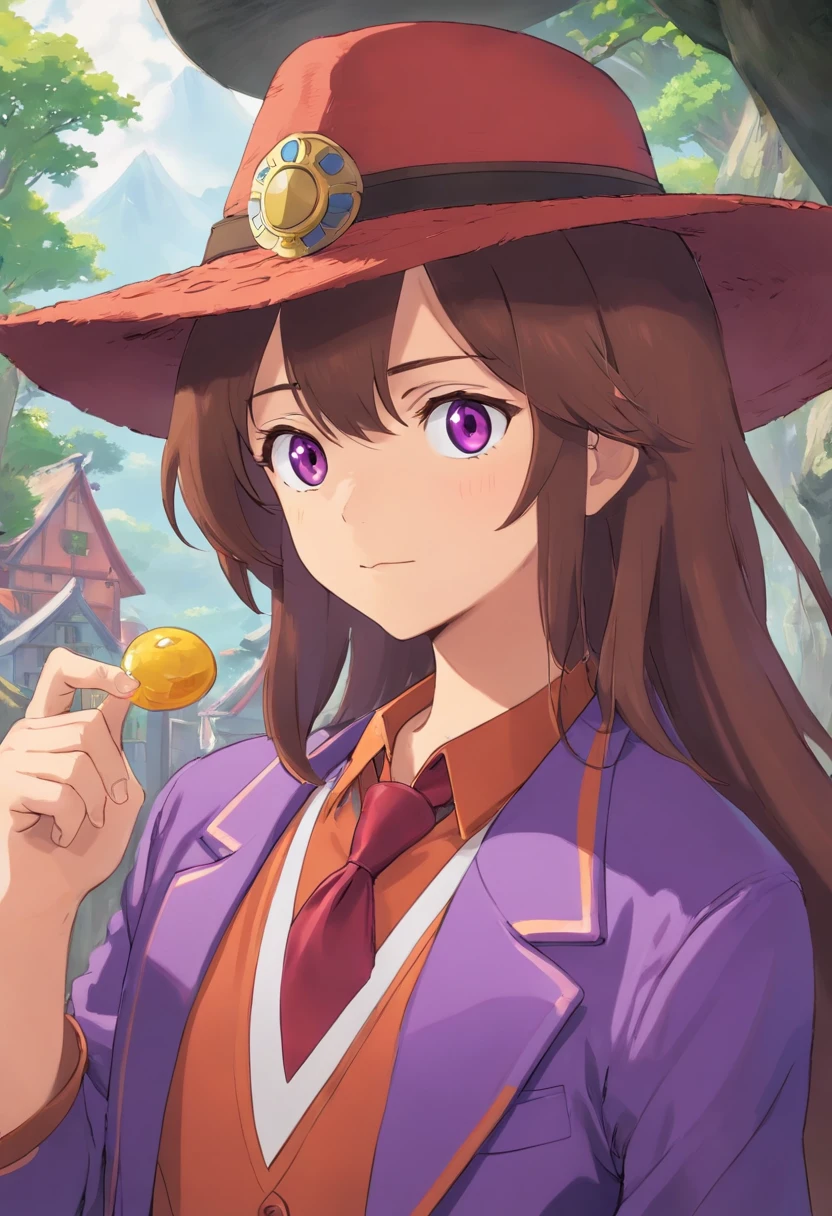 Chico, brown-hair, con sombrero morado, cuernos morados, ojos morados, piel blanca, chaqueta morada, camisa y corbata