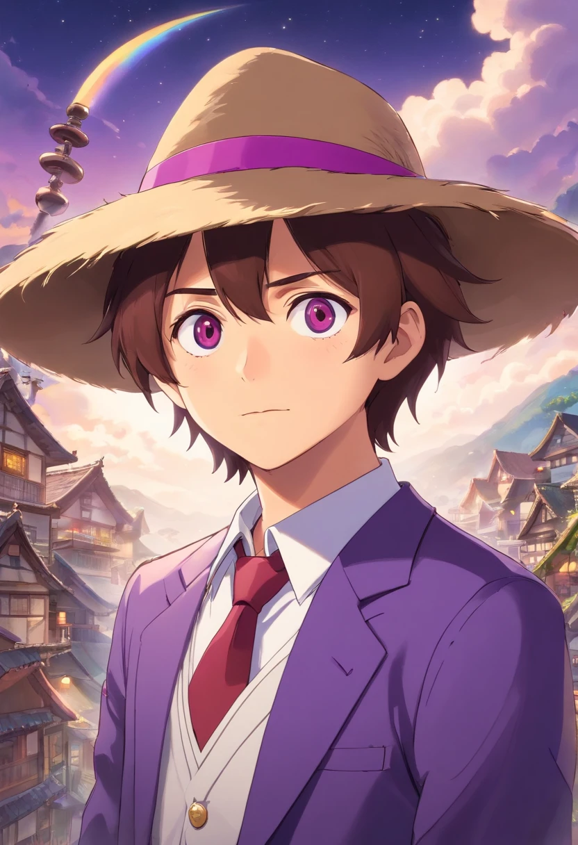Chico, brown-hair, con sombrero morado, cuernos morados, ojos morados, piel blanca, chaqueta morada, camisa y corbata