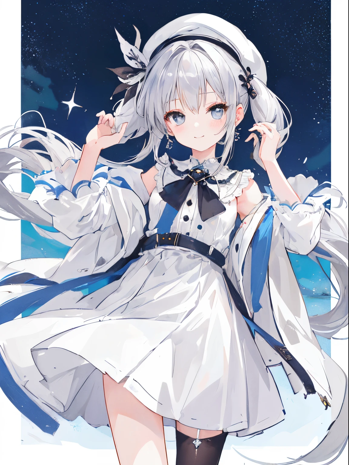 (​masterpiece、top-quality、illustratio、Extremely high quality、high-level image quality、Extremely sensitive writing)Girl with long silver hair standing in a port at midnight、A slight smile、She has a white beret, white dress with open robe, Hair fluttering in the wind, she is a teenager and has twintails, her collor pallete is silver and white, grey eyes, ****. she has a slim leg and cute and has earings