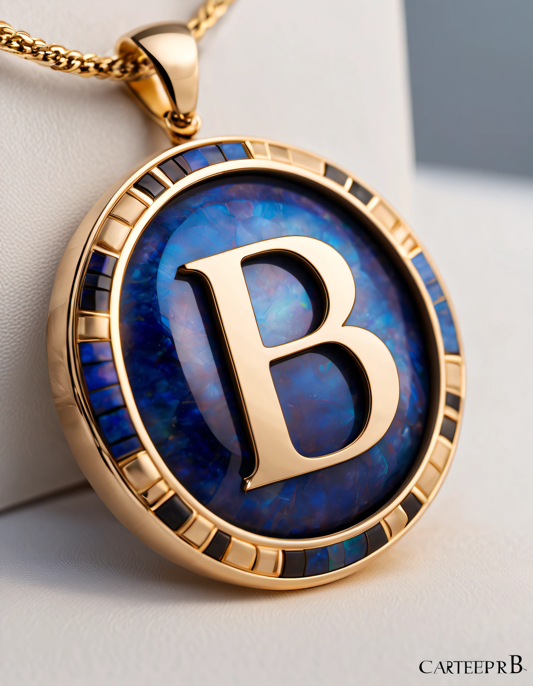 pendant design,Logo design，European and American minimalist style， (Letter B pendant design), （double opal：1.0）, Black gold border, lapis lazuli，turquesa，black shell，Van Cleef & Arpels & alpes   ，cartier, 
Background with: The white,The content is very detailed, Best quality at best, tmasterpiece, A high resolution, hyper realisitc, 8K,gentlesoftlighting，