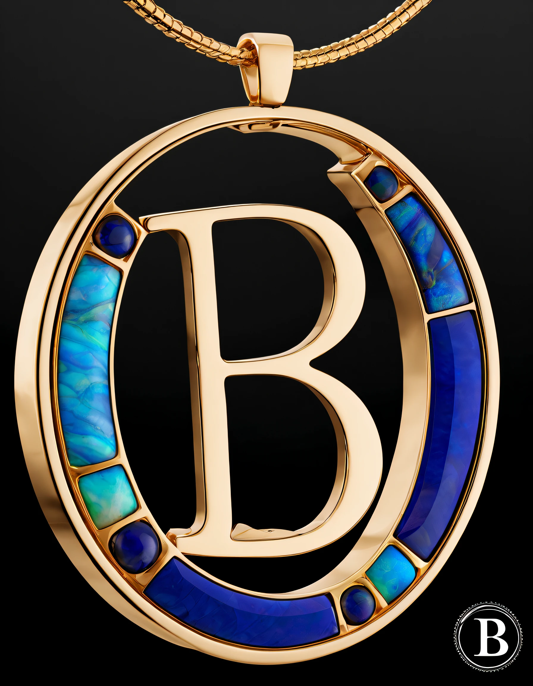 pendant design,Logo design,European and American minimalist style, (Letter B pendant design), (double opal:1.0), Black gold border, lapis lazuli,turquesa,black shell,Van Cleef & Arpels & alpes ,cartier,
Background with: The white,The content is very detailed, Best quality at best, tmasterpiece, A high resolution, hyper realisitc, 8K,gentlesoftlighting,