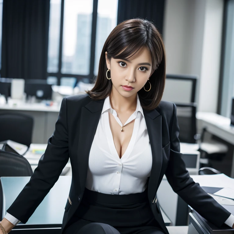 a woman walking in the office hall, a white wall, a grey table, posters on the wall, sexy poses, (((masterpiece))), ((best quality)), ((intricate detailed)), ((Hyperrealistic)), absurd res, milf, mature woman, perspective, highly detailed, illustration, 1girl, ((large breasts)), perfect hands, detailed fingers, beautiful detailed eyes, short hair, blonde hair, blue eyes, nametag, CEO, (business outfit:1.2), open blazer, shirt, cleavage, lace bra, tight skirt, black choker, earrings, detailed background, bedroom, perfect eyes, seductive eyes, looking at the viewer, from front
