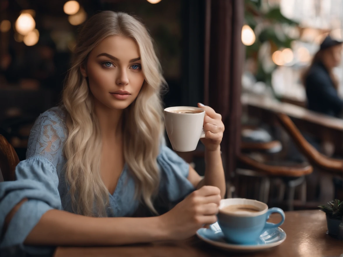 arafed woman fully , sexy girl with blue eyes, ultra realistic, meticulously detailed, portrait sophie mudd, blonde hair and large eyes, selfie of a young woman, violet myers, without makeup, natural makeup, looking directly at the camera, face with artgram, subtle makeup, stunning full body,sitting in a cafe and drinking coffee, low-cut dress