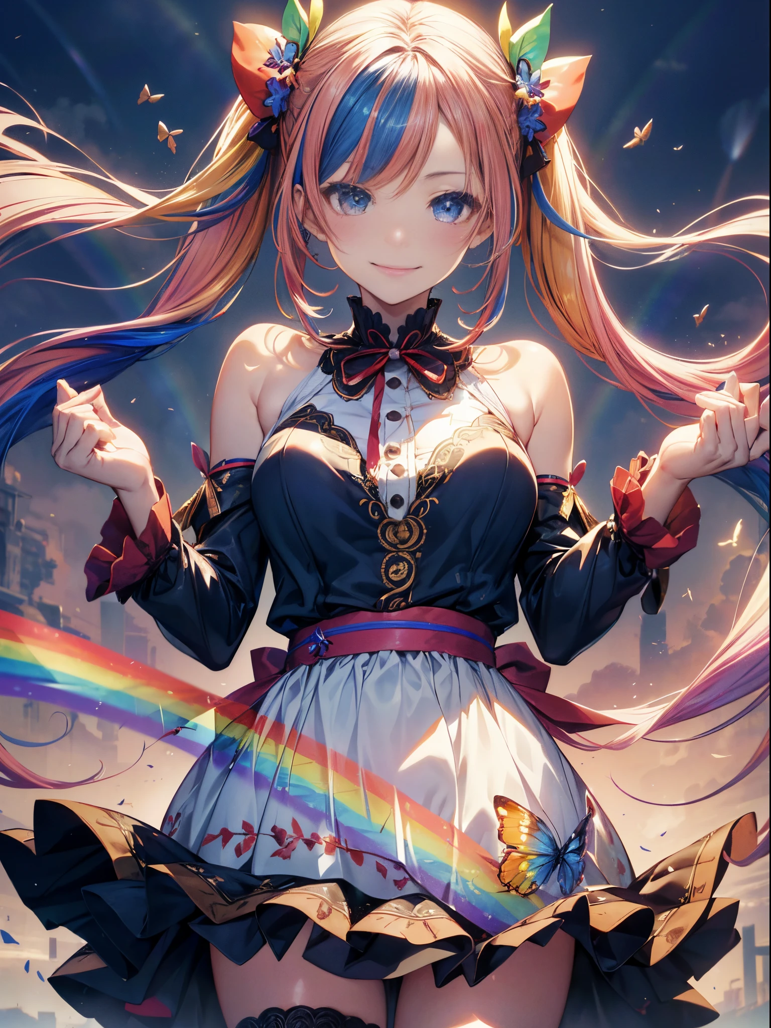 Have a cake、(masutepiece:1.3), (8K, Photorealistic, Raw photo, Best Quality: 1.4), Beautiful face, (Realistic face), Beautiful detailed eyes, (Realistic skin), Attractive, Intricate details,Golden ratio, 1 girl,Naughty smile, (rainbow hair:1.4),((Long twintails,Ribbon 1.4)),Blue butterfly apron(Blue Butterfly Hair Ornament 1.3)Dynamic Pose,Dynamic Angle,Intricate details, Hyper realistic、A smile、Smiling、Strong face、the morning sun、Luz Divina、Deities、Heaven、rainbows