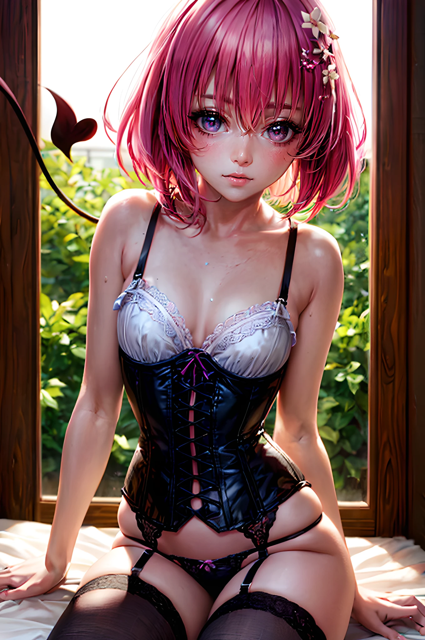 "((Momo Deviluke)), in realistic style, Mint Colored Lingerie with Garters and Corset, cinematic atmosphere, soft focus, ethereal glow, carefully posed, high resolution, mesmerizing details"demon tail,momo deviluke, demon tail, hair flower, hair ornament, (purple eyes:1.1), pink hair, short hair, tail,