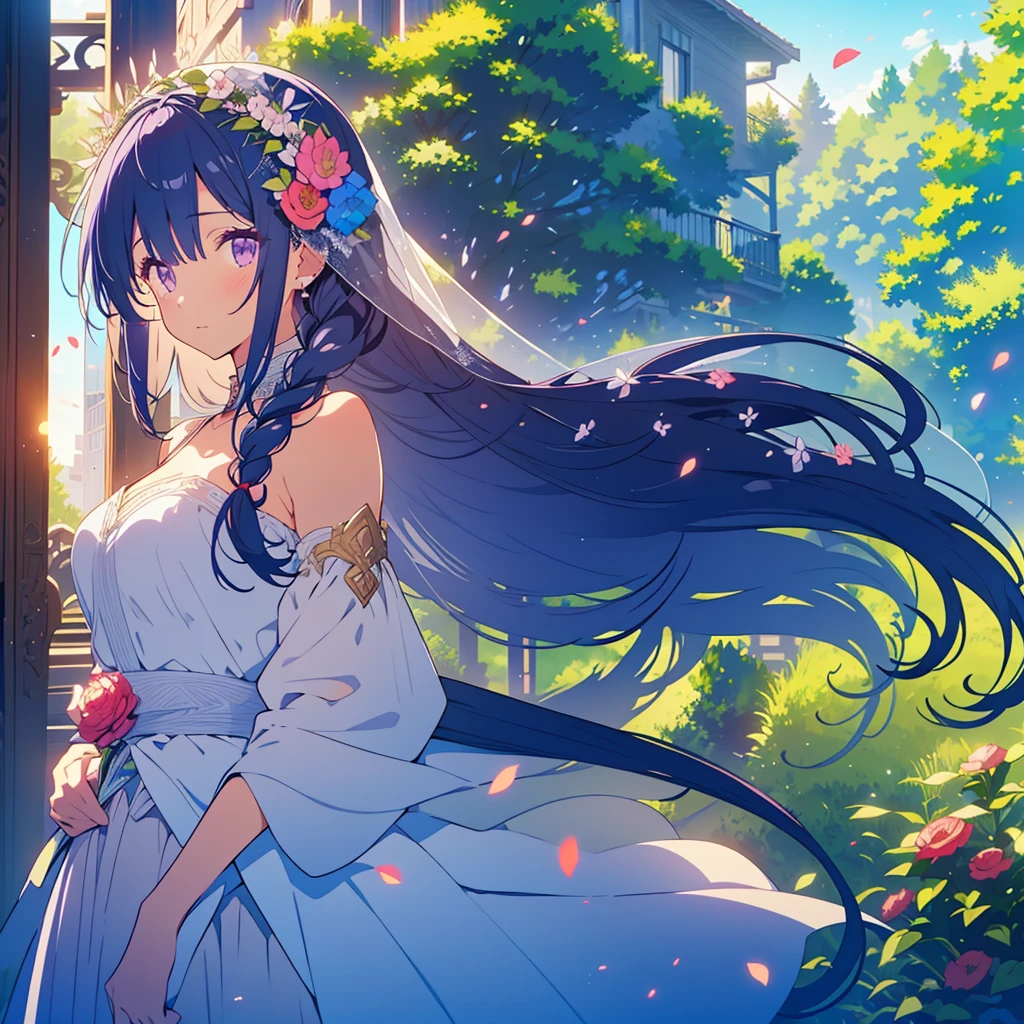 TMND-Mix_II, bride, flower veil, textured veil, dreamy, long hair, dark blue hair, purple eyes, half braid hair, detailed wedding dress, detailed scenery, flowers and tress, wind, butterflies🦋, happy atmosphere, from afar