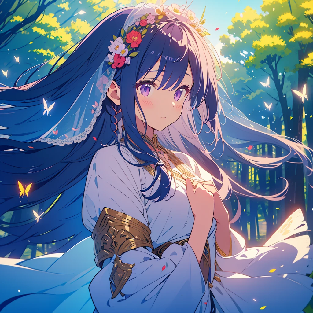 TMND-Mix_II, bride, flower veil, textured veil, dreamy, long hair, dark blue hair, purple eyes, half braid hair, detailed wedding dress, detailed scenery, flowers and tress, wind, butterflies🦋, happy atmosphere, from afar