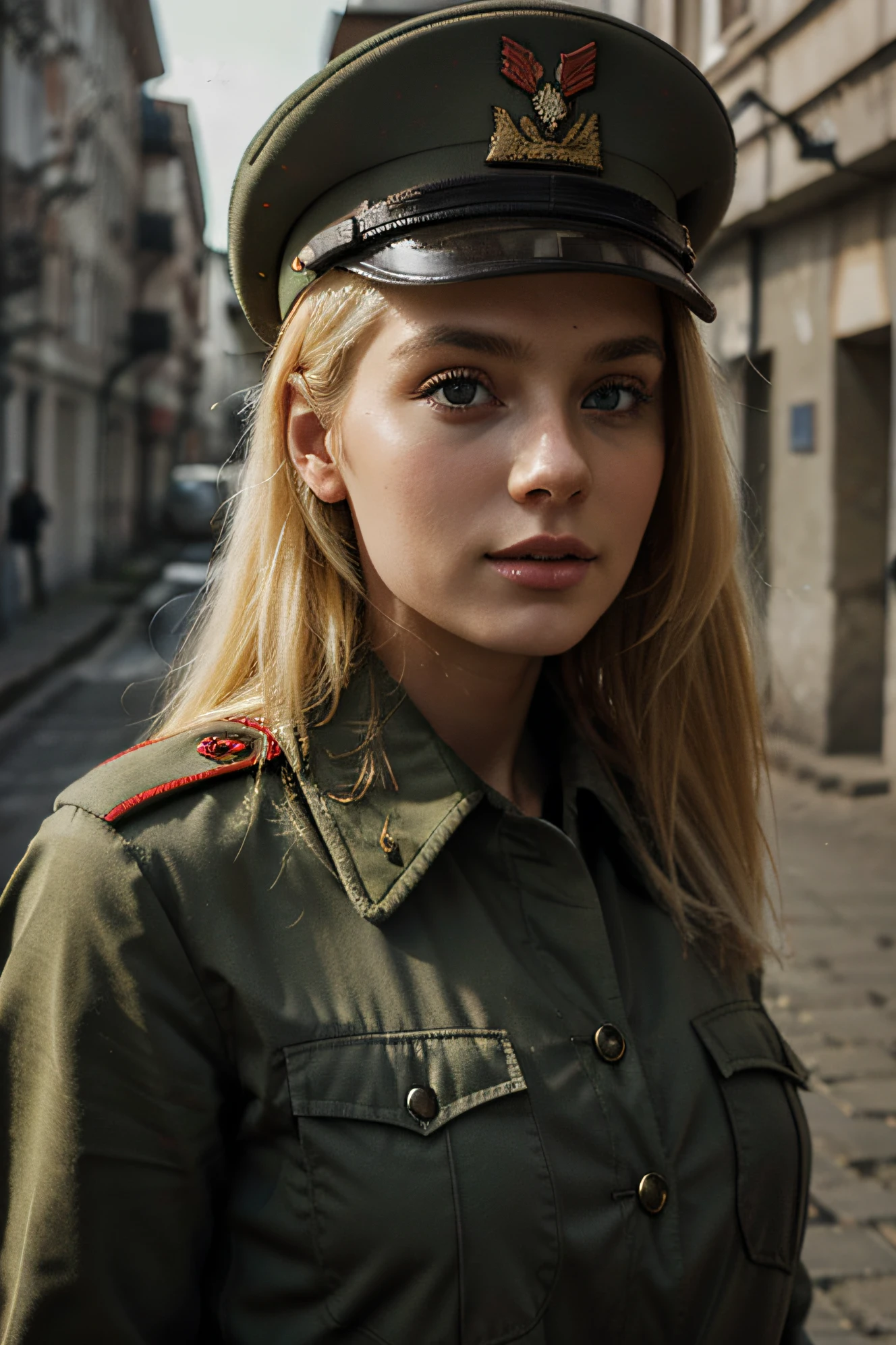 A beauty blonde girl with Soviet Union military clothes