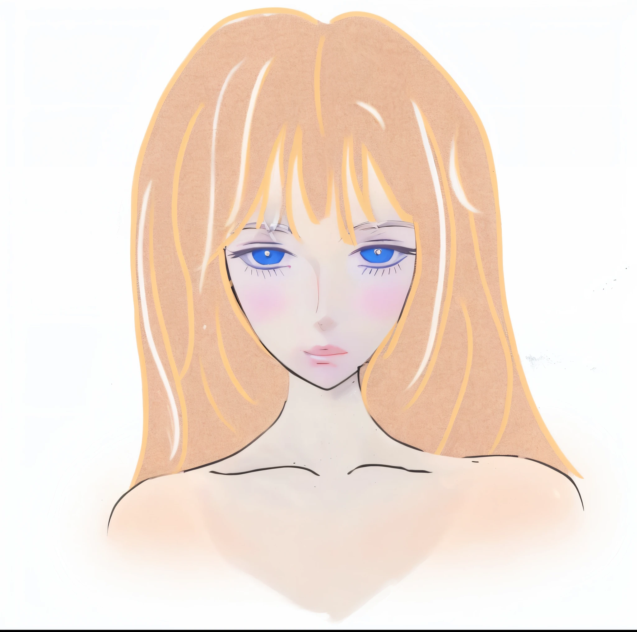 There is a painting,The painting is of a woman with long blond hair, Soft anime illustration, Feminine face, Pale round face, soft portrait, colored sketch, pretty anime face, Detailed anime soft face, digital drawing, drawn with photoshop, Produced by Anime Painter Studio, flat anime style shading, anime style portrait, Face anime portrait, blonde hair and large eyes, Semi-realistic anime style