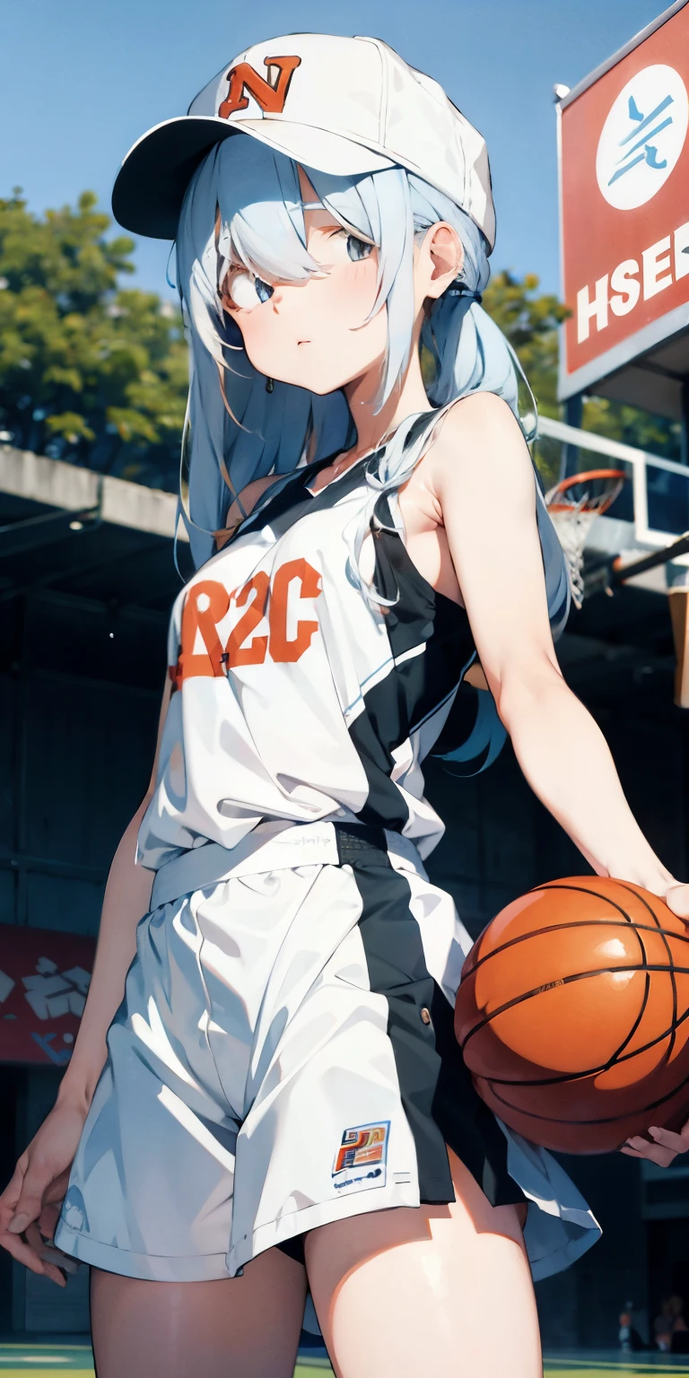 Random basketball player white skin girl, cool shooting on hoop shot, happy, cute shy girl, white long hair, sexy, slim, poser, tomboy, cool basketball court background, black binnie , cap