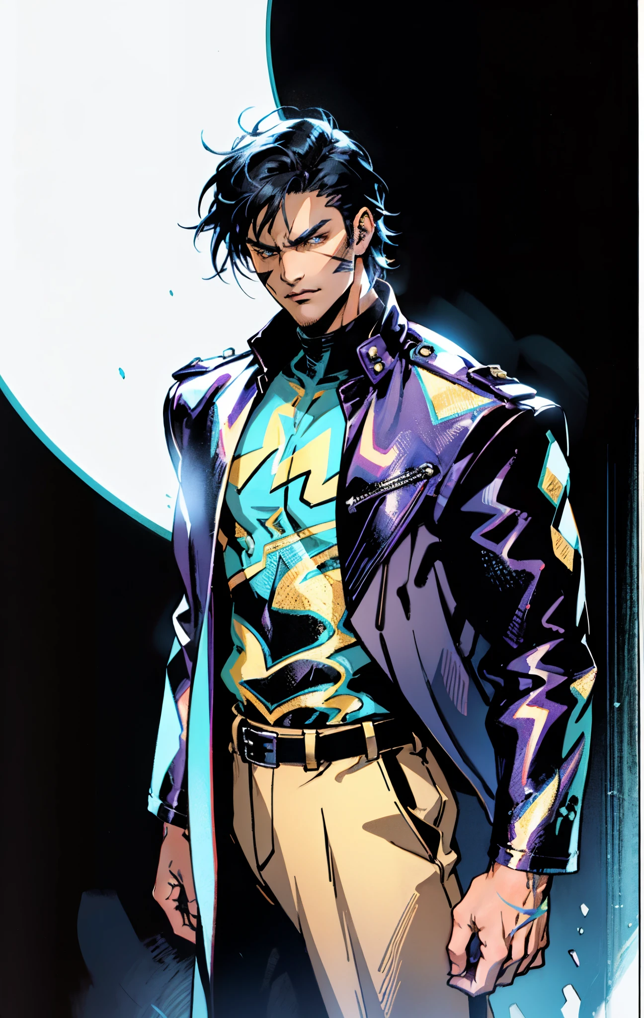 A young man, dark blue short hair, long bangs covering half of his face, sharp eyes, a long scar on his face, an expression of discontent, a fantasy-realistic style leather jacket over a dark undershirt, trousers that matching the outfit, black fire swirling around, the background depicts a menacing dragon formed by black flames, this character embodies a finely crafted fantasy-realistic in anime style, exquisite and mature manga+comic art style, high definition, best quality, highres, ultra-detailed, ultra-fine painting, extremely delicate, professional, anatomically correct, symmetrical face, extremely detailed eyes and face, high quality eyes, creativity, RAW photo, UHD, 8k, Natural light, cinematic lighting, masterpiece-anatomy-perfect, masterpiece:1.5