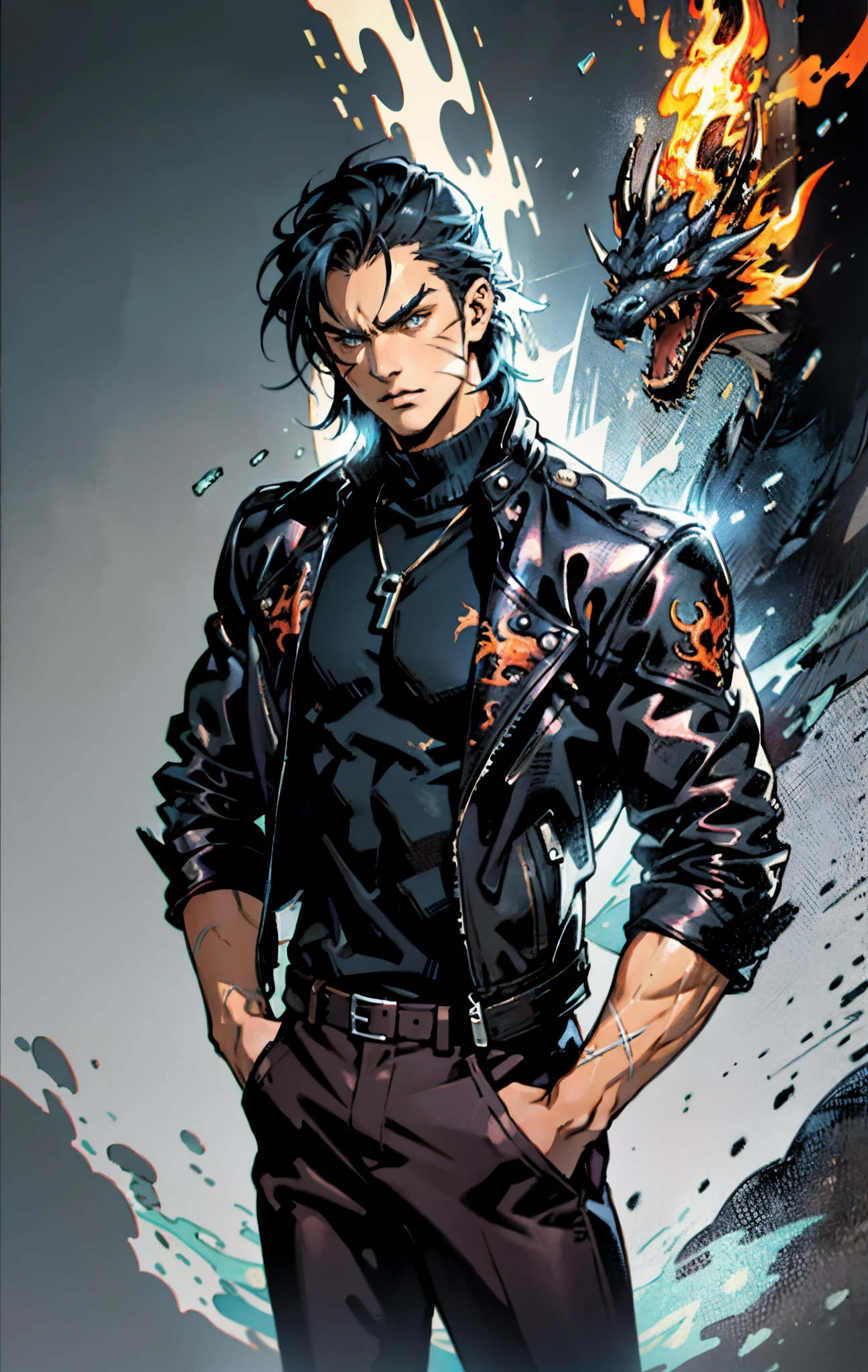 A young man, 1.90cm tall muscular man with red tattoos around his arms, white skin like wool, purple dragon tail with green spikes, green and white hair, dressed in black pants, boots with caps with spikes, red t-shirt with a red dragon, black leather jacket with metal spikes on shoulders and black leather fingerless gloves  