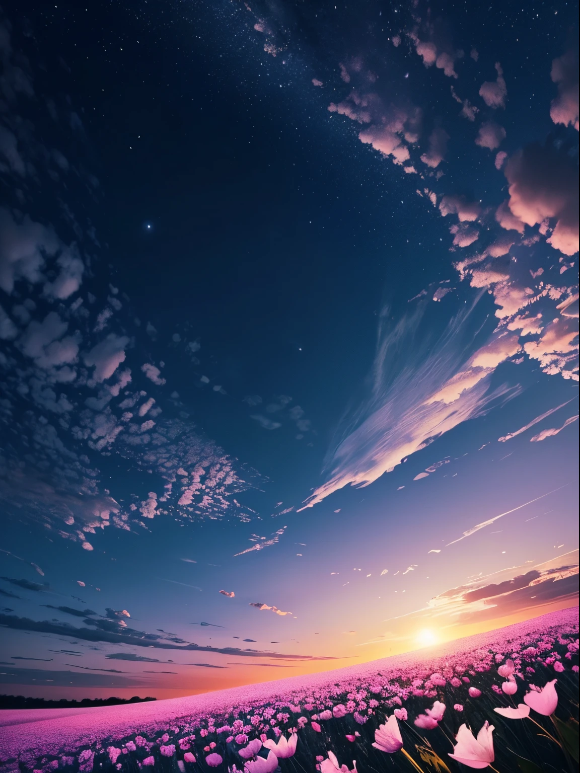 beautiful cute sky scenery, nighttime scene , Petals flutter ,Pale atmosphere